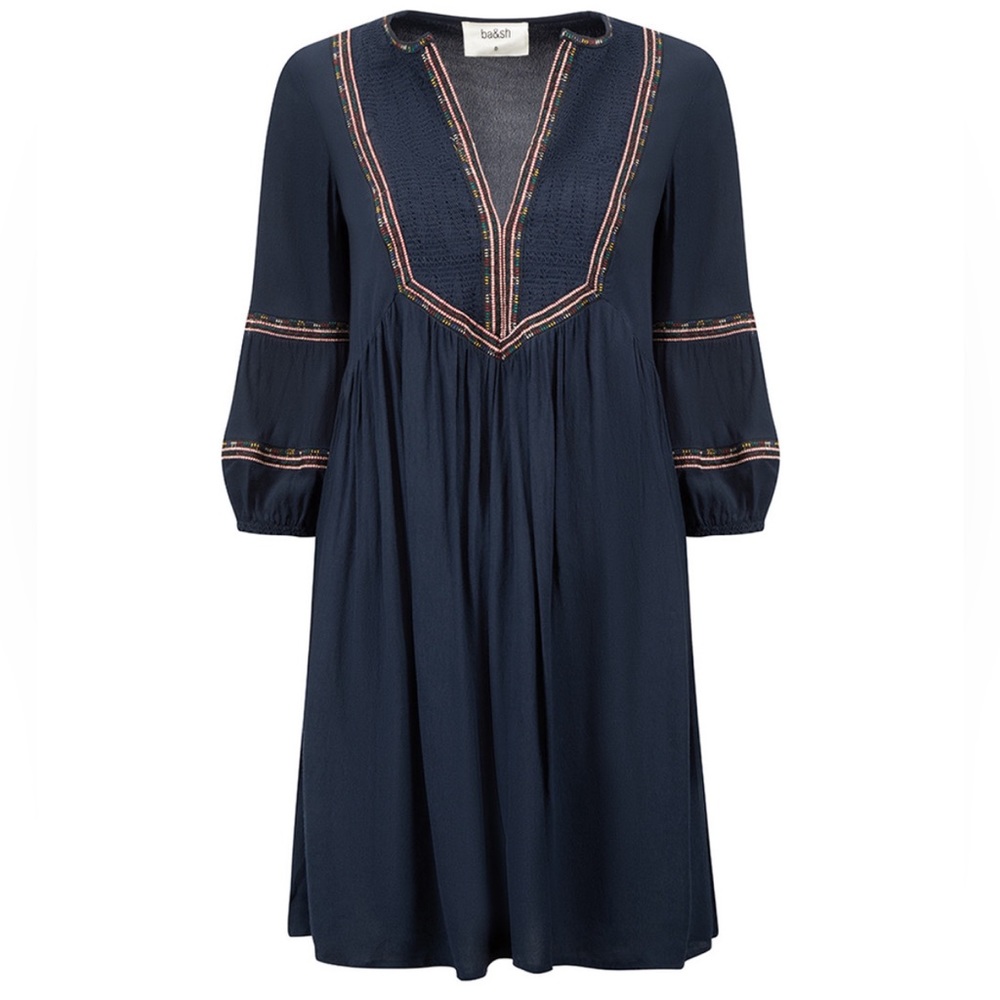 BA&SH Navy Blue Cale Dress with Embroidery Details